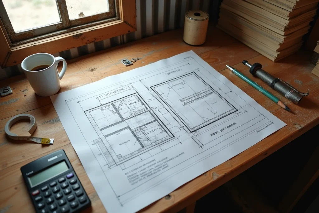 Plans annotés et calculs de volume de dalle béton sur un bureau de chantier de rénovation