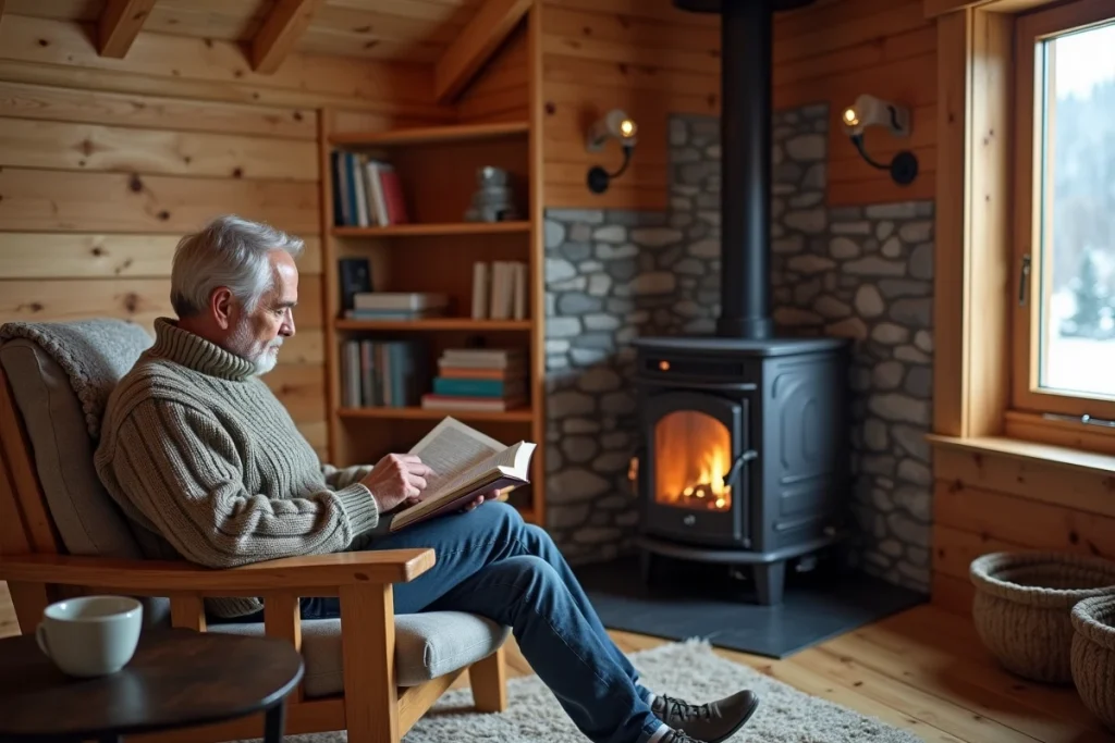 Intérieur chaleureux d'un chalet en bois bien isolé avec lambris en pin, poêle à bois et fenêtre givrée en hiver