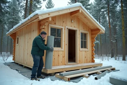Isolation extérieure d'un petit chalet en bois avec des panneaux de laine minérale posés par un charpentier en hiver
