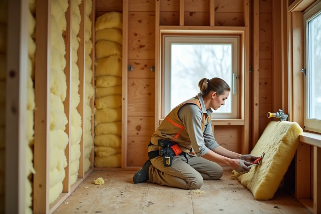 Intérieur d'un chalet en bois avec isolation en laine de verre entre les montants d'une cloison en cours de rénovation