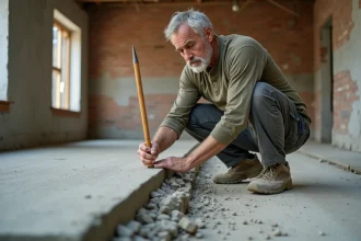 Ouvrier mesurant l'épaisseur d'une dalle béton fraîchement coulée lors de travaux de rénovation intérieure