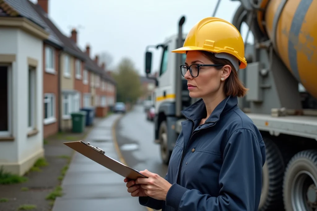 Cheffe de chantier supervisant le coulage d'une dalle béton devant une maison en rénovation