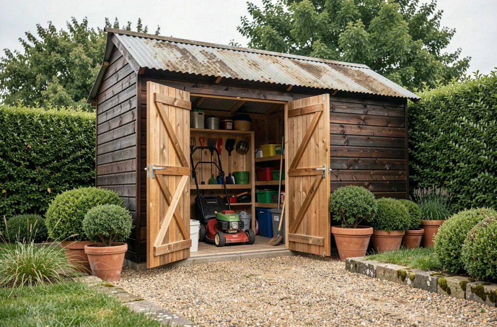 Abri de jardin en bois robuste avec portes ouvertes révélant un rangement intérieur organisé d'outils et de matériel