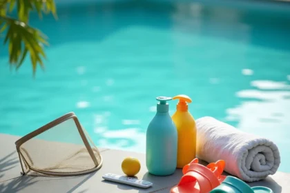 Accessoires de piscine essentiels disposés au bord d'une piscine turquoise extérieure