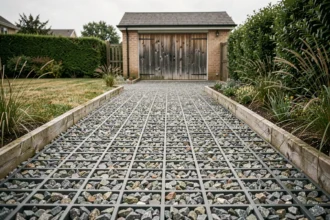 Allée carrossable en gravier stabilisé sur grilles alvéolaires plastiques dans un jardin résidentiel