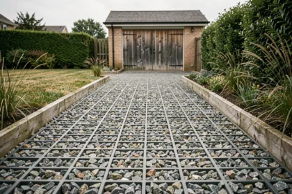 Allée carrossable en gravier stabilisé sur grilles alvéolaires plastiques dans un jardin résidentiel