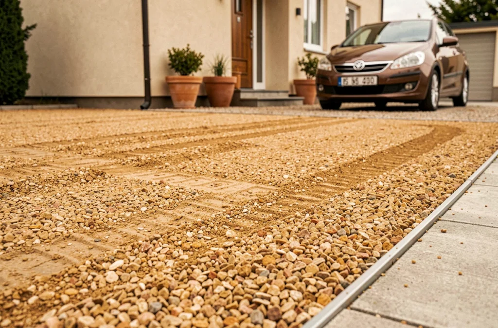 Allée de maison en granite décomposé stabilisé avec bordures métalliques, solution sans travaux lourds