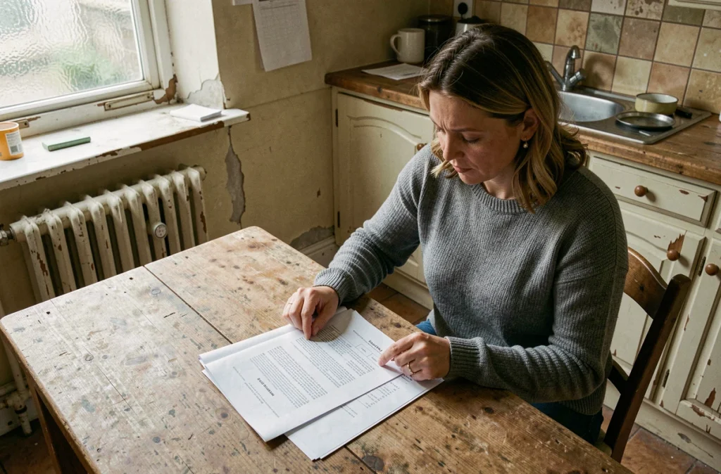 Femme analysant un devis de rénovation détaillé sur une table dans une cuisine ancienne non rénovée