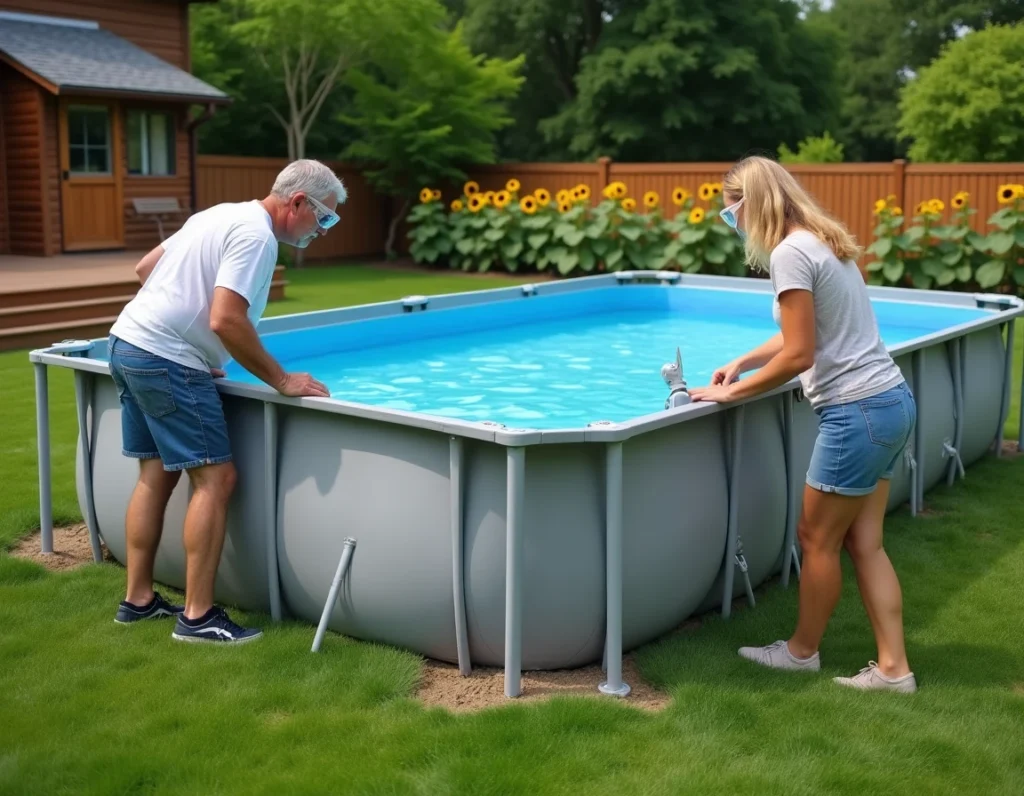 Couple sécurisant les ancrages d'une piscine rectangulaire hors-sol dans un jardin familial