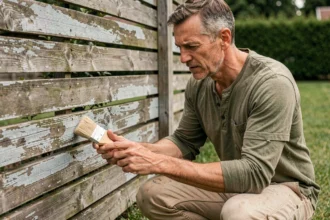 Homme appliquant une lasure protectrice sur une clôture en bois abîmée dans un jardin résidentiel