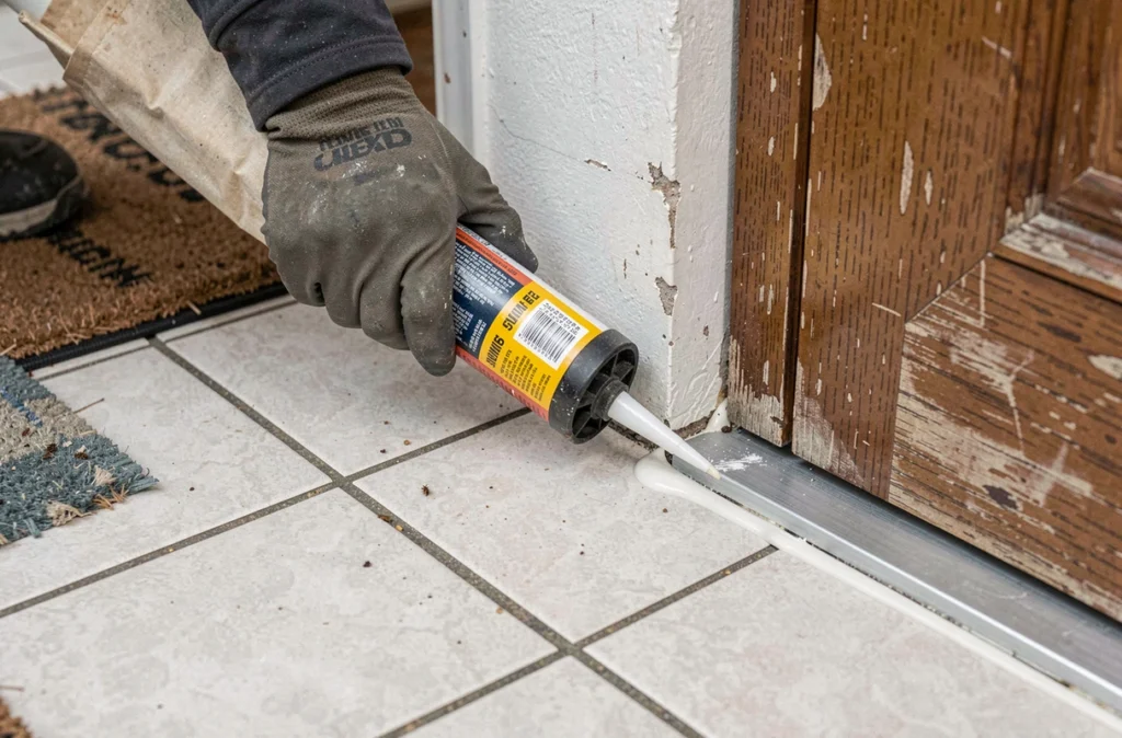 Application de produit d'étanchéité sur le joint de porte d'entrée d'une location pour prévenir l'intrusion de nuisibles