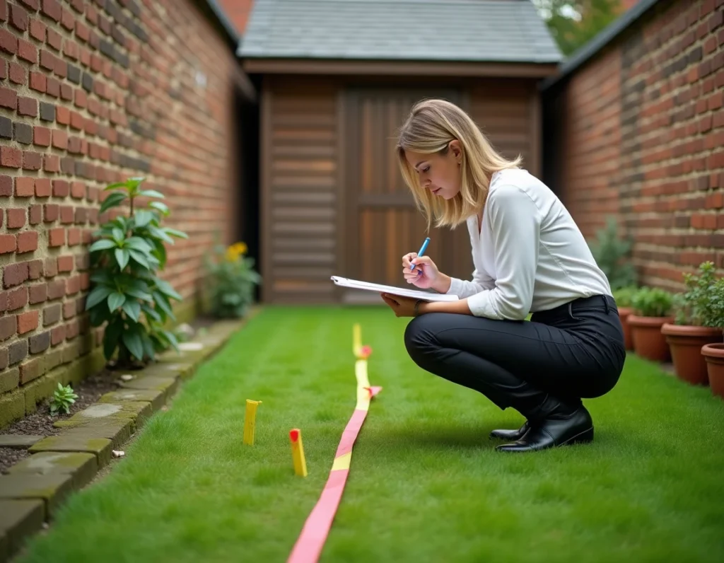 Architecte paysagiste mesurant un petit jardin urbain pour dimensionner une piscine