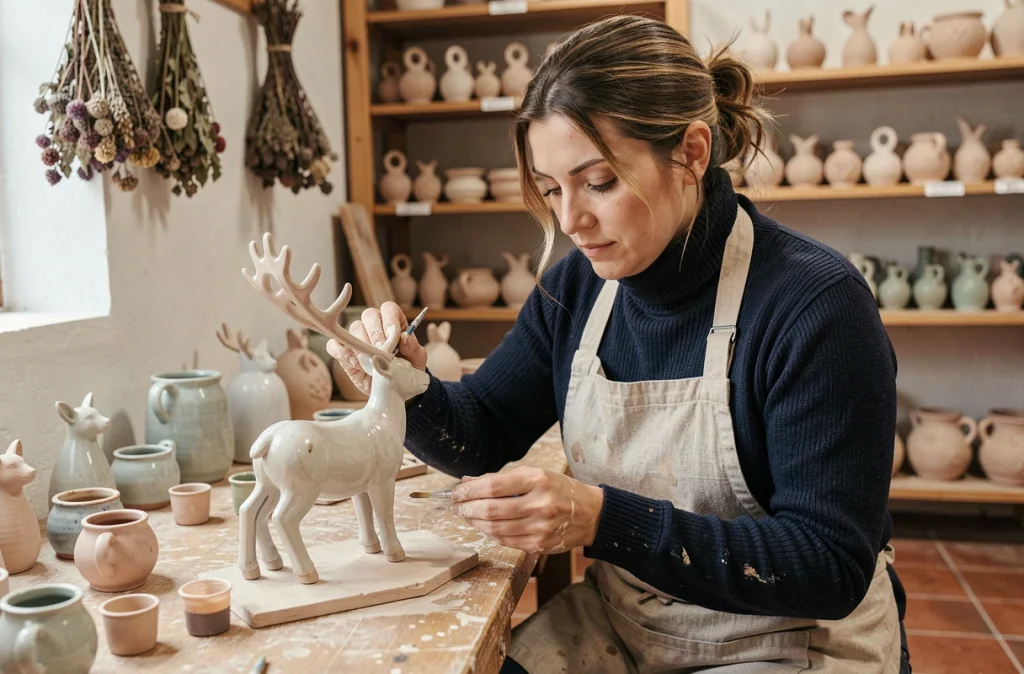 Artisane française peignant un renne de Noël en céramique fait main dans un atelier de poterie traditionnel