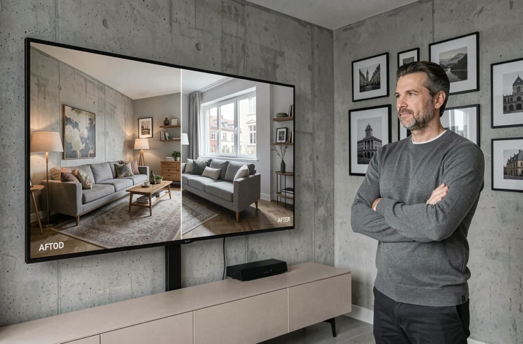 Homme comparant le résultat avant-après d'un redesign intérieur généré par intelligence artificielle sur grand écran