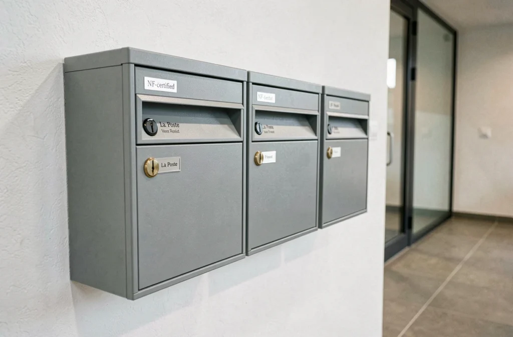 Gros plan sur des boîtes aux lettres normalisées NF alignées dans le hall d'entrée d'un immeuble
