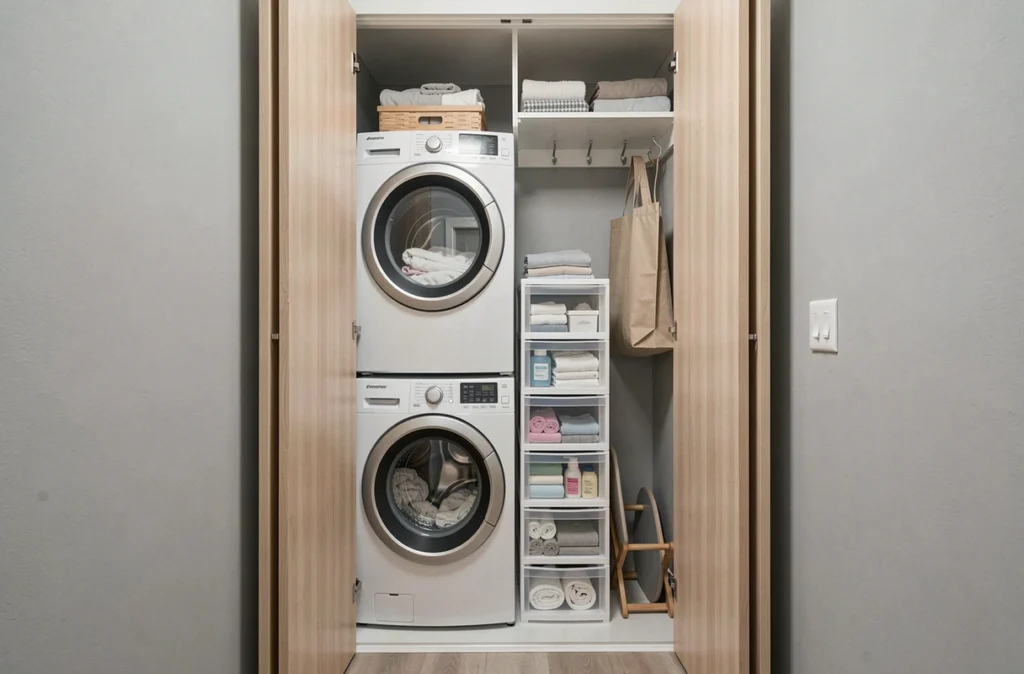 Espace buanderie compact intégré dans un placard de couloir avec lave-linge empilé, planche à repasser escamotable et rangements transparents