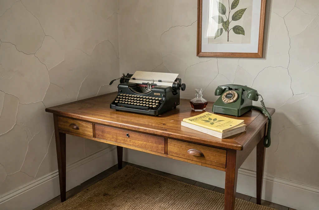 Bureau vintage mid-century avec machine à écrire ancienne, téléphone vert et encrier en verre dans un coin bureau authentique