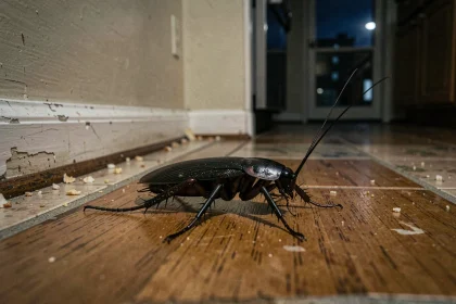Cafard noir traversant un plancher de cuisine en bois la nuit, vue au ras du sol avec détails réalistes de l'exosquelette
