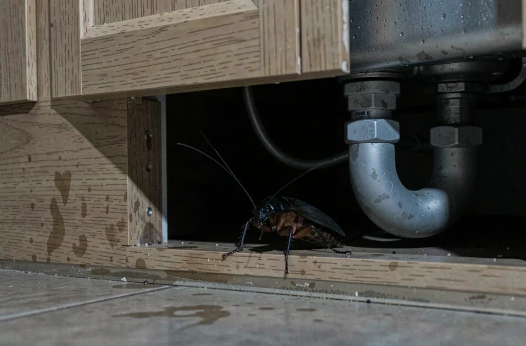 Cafard noir sortant d'une fissure sous un meuble de cuisine la nuit, comportement nocturne naturel de l'insecte nuisible