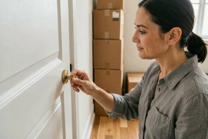 Femme changeant la serrure de son nouvel appartement après un déménagement pour plus de sécurité