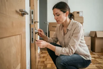 Femme changeant un verrou de porte lors d'un déménagement pour sécuriser son nouvel appartement