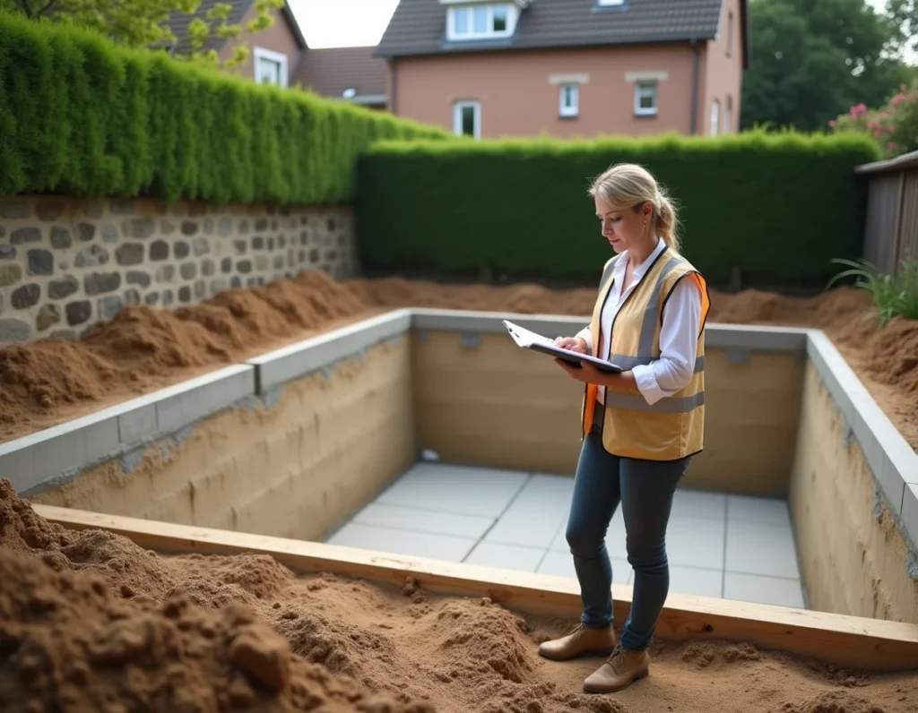 Chantier de construction d'une piscine privée en cours dans un jardin résidentiel avec responsable de projet