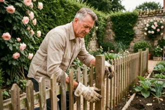 Homme installant une clôture en bois discrète pour protéger son jardin des intrusions