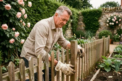 Homme installant une clôture en bois discrète pour protéger son jardin des intrusions
