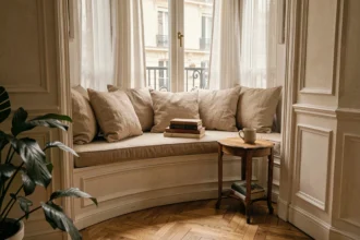 Coin lecture confortable aménagé dans une alcôve de fenêtre avec coussins en lin beige, livres empilés et tasse en céramique dans un appartement parisien