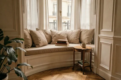 Coin lecture confortable aménagé dans une alcôve de fenêtre avec coussins en lin beige, livres empilés et tasse en céramique dans un appartement parisien