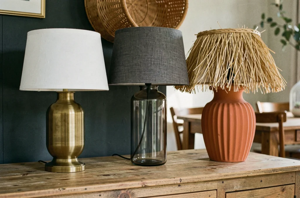 Trois lampes de table aux matériaux contrastés — laiton, verre fumé et céramique terracotta — sur un buffet en bois brut, comparaison de styles de luminaires