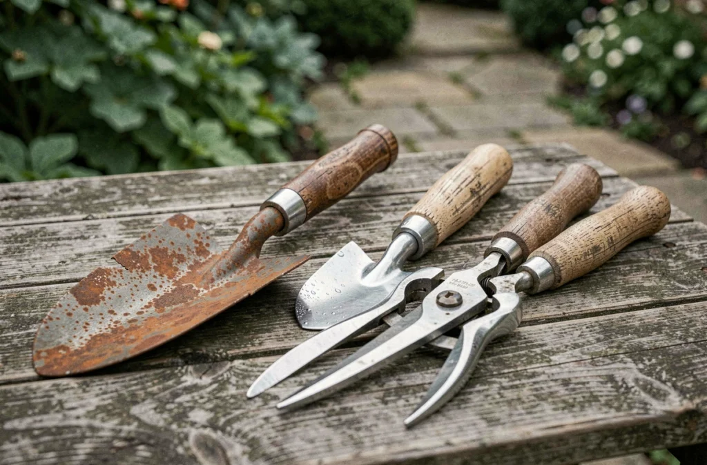 Comparaison d'outils de jardinage rouillés et traités côte à côte pour illustrer l'entretien préventif anti-rouille