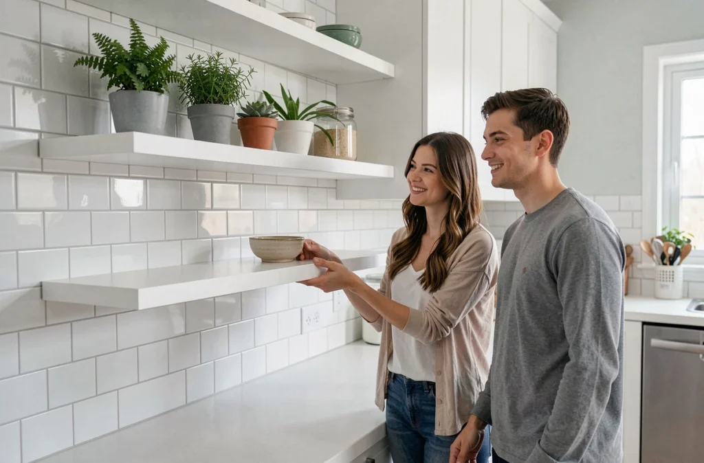 Couple admirant des étagères murales blanches nouvellement installées dans une cuisine moderne