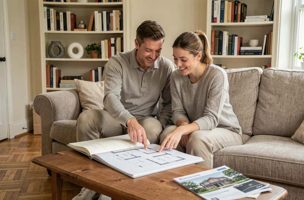 Couple planifiant un projet maison ensemble avec plans et tablette dans un salon confortable