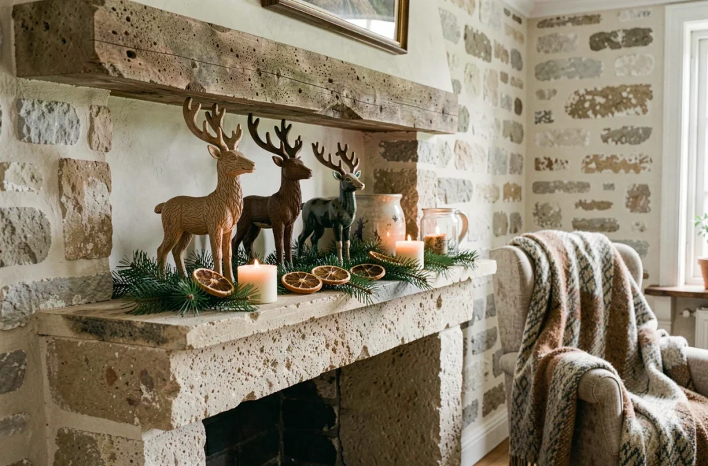 Décorations de Noël artisanales représentant des rennes en bois, feutrine et céramique sur une cheminée de maison de campagne française