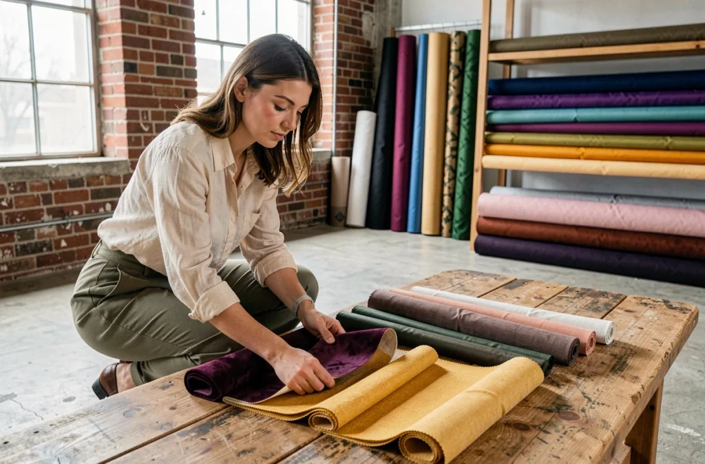 Décoratrice d'intérieur comparant des échantillons de tissus colorés en velours prune et coton safran dans un studio de design aux murs en brique