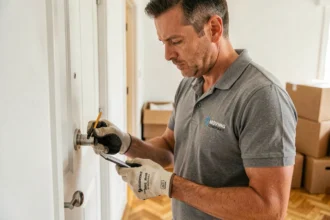 Déménageur examinant attentivement une serrure de porte d'appartement avant un déménagement