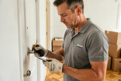 Déménageur examinant attentivement une serrure de porte d'appartement avant un déménagement