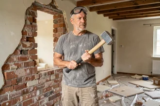Homme en tenue de chantier démolissant un mur intérieur non porteur avec un marteau-piqueur dans une maison en rénovation