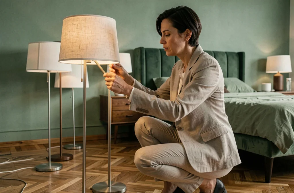 Designer d'intérieur ajustant un lampadaire à abat-jour en tissu dans une chambre aux murs vert sauge, ambiance professionnelle et soignée