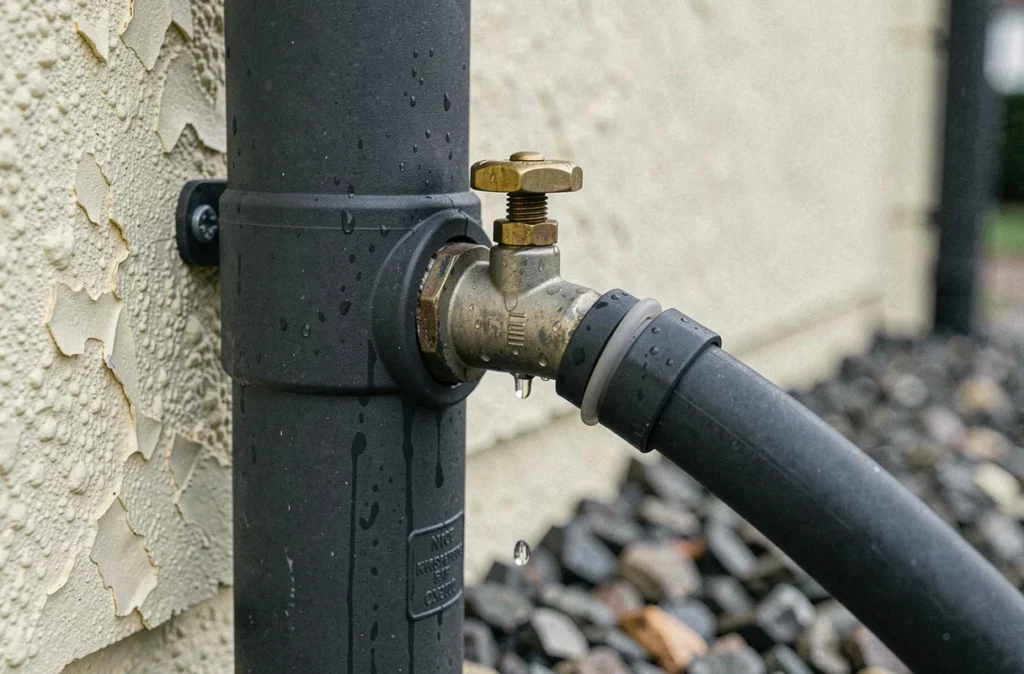 Détail du raccordement d'un récupérateur d'eau de pluie sur une gouttière avec robinet et trop-plein