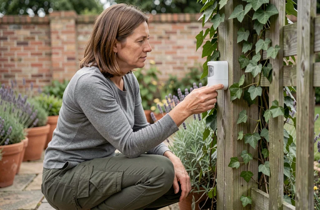 Femme inspectant un détecteur de mouvement discret installé sur un portail de jardin dissimulé dans le lierre