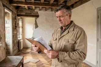 Entrepreneur tenant un devis de rénovation dans une vieille maison belge aux murs en pierre apparente
