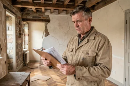 Entrepreneur tenant un devis de rénovation dans une vieille maison belge aux murs en pierre apparente
