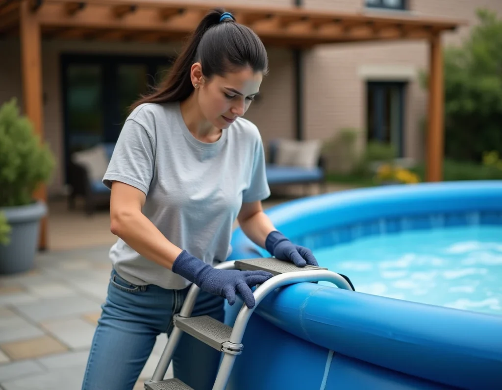 Femme fixant une échelle de sécurité sur une piscine hors-sol sur une terrasse pavée
