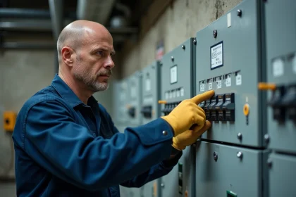 Électricien inspectant un tableau électrique triphasé avec des disjoncteurs de type A et AC dans un environnement industriel