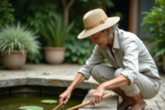 Femme entretenant un bassin de jardin en retirant les algues vertes avec une épuisette à manche long