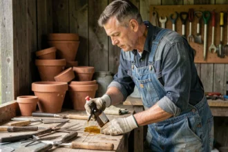 Homme entretenant ses outils de jardinage contre la rouille avec de l'huile protectrice dans un atelier de jardin rustique
