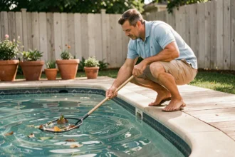 Homme entretenant une piscine familiale en retirant les feuilles avec une épuisette