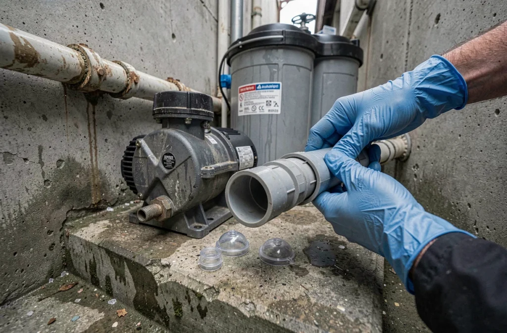 Équipements de piscine déconnectés lors de l'hivernage, pompe et filtration hors service pour l'hiver